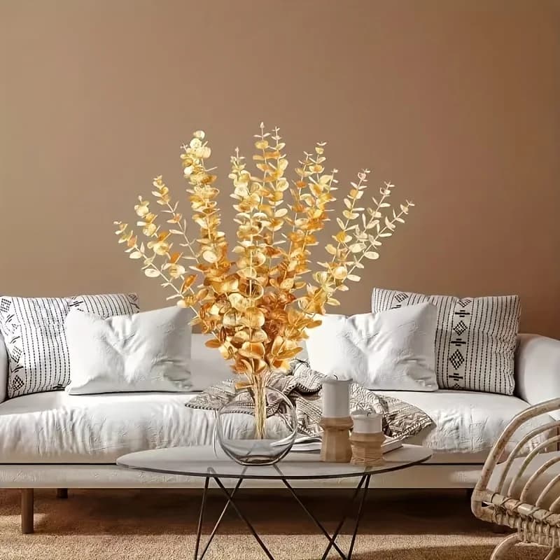 32 rami di eucalipto dorato, lunghezza 38 cm / 14 pollici. Foglie di eucalipto artificiali da 96 pollici, albero di eucalipto simulato con foglie artificiali, foglie dorate, foglie argentate, foglie di eucalipto a stel