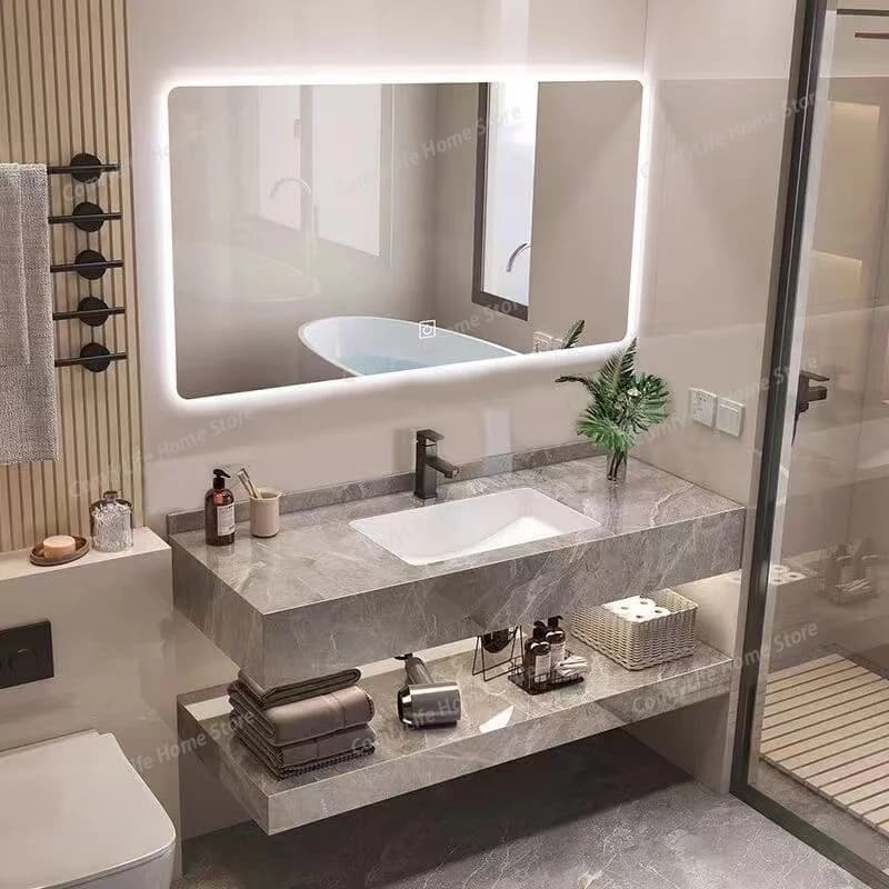 Mobile bagno moderno con specchio, lavabo e vano portaoggetti, per installazione a parete, con spazio per piante, per salone