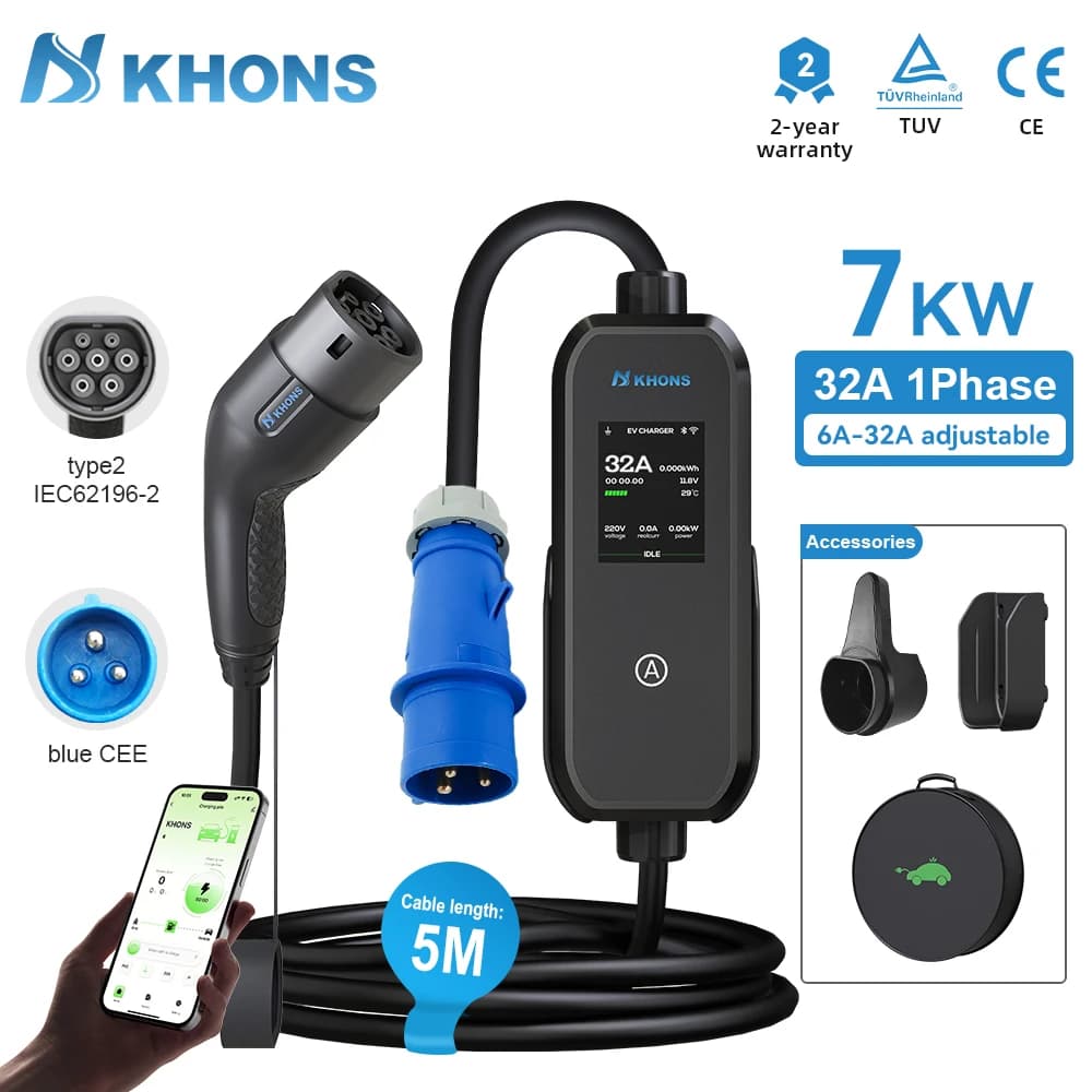 EV Khons 7kW Type 2 32A Charging Station EV Portable with APP Control, 5m Cable for Electric Vehicles