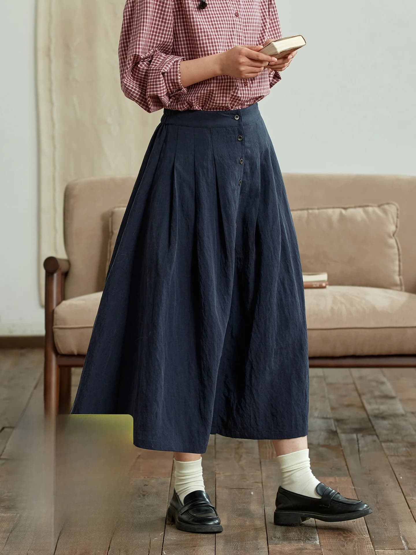 Original Design High Waist A-Line Skirt in Blue with Buttons Women's Vintage Casual Versatile Elastic Waist Skirt