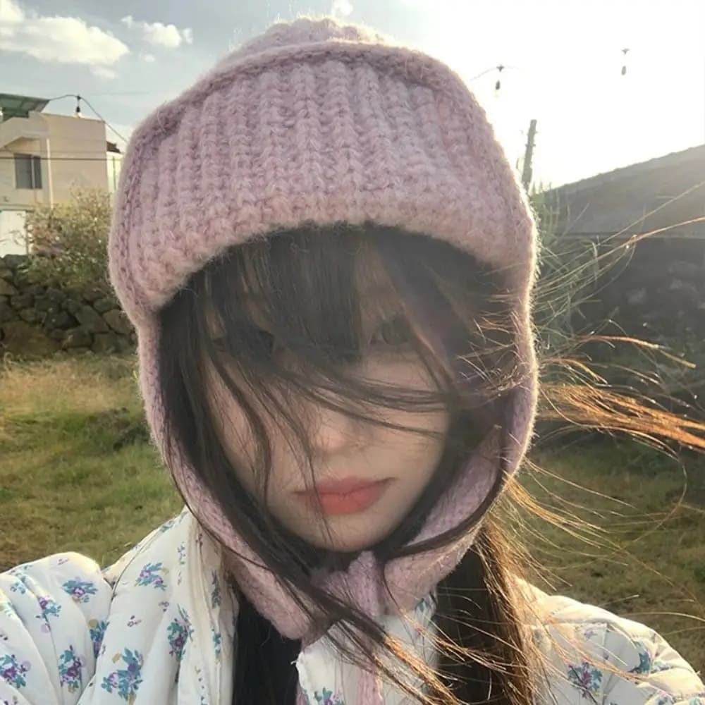Casual Korean style knitted hat, with ear protection, plain color, wool, crocheted, cold-resistant, hot, for girls