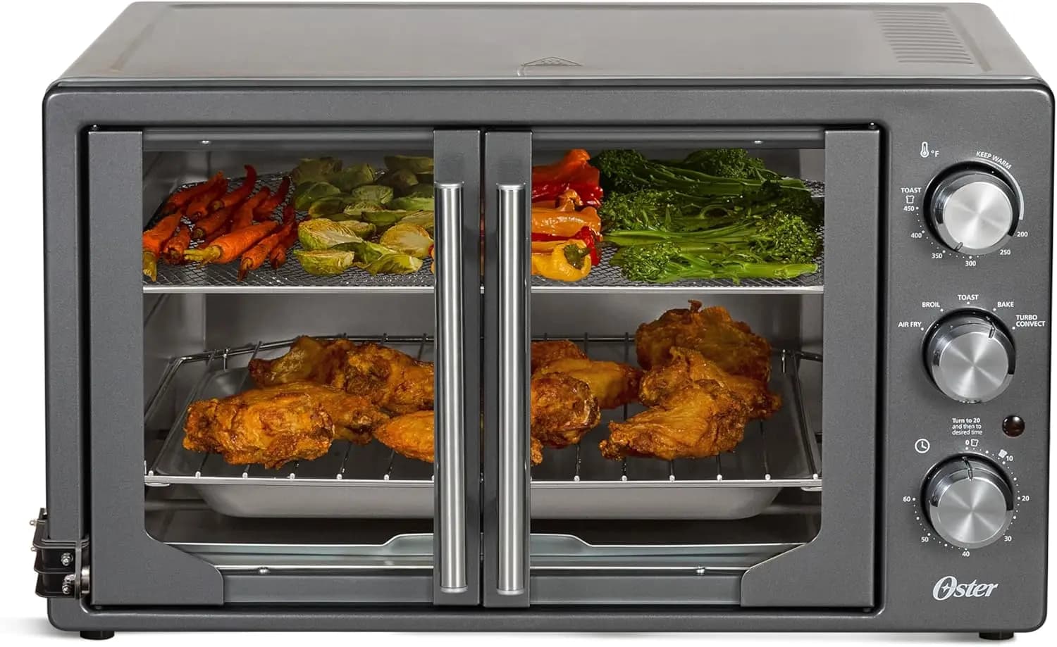 Forno da appoggio extra-large da 42 litri con porta alla francese, friggitrice ad aria 6-in-1 con accessori, in acciaio inossidabile