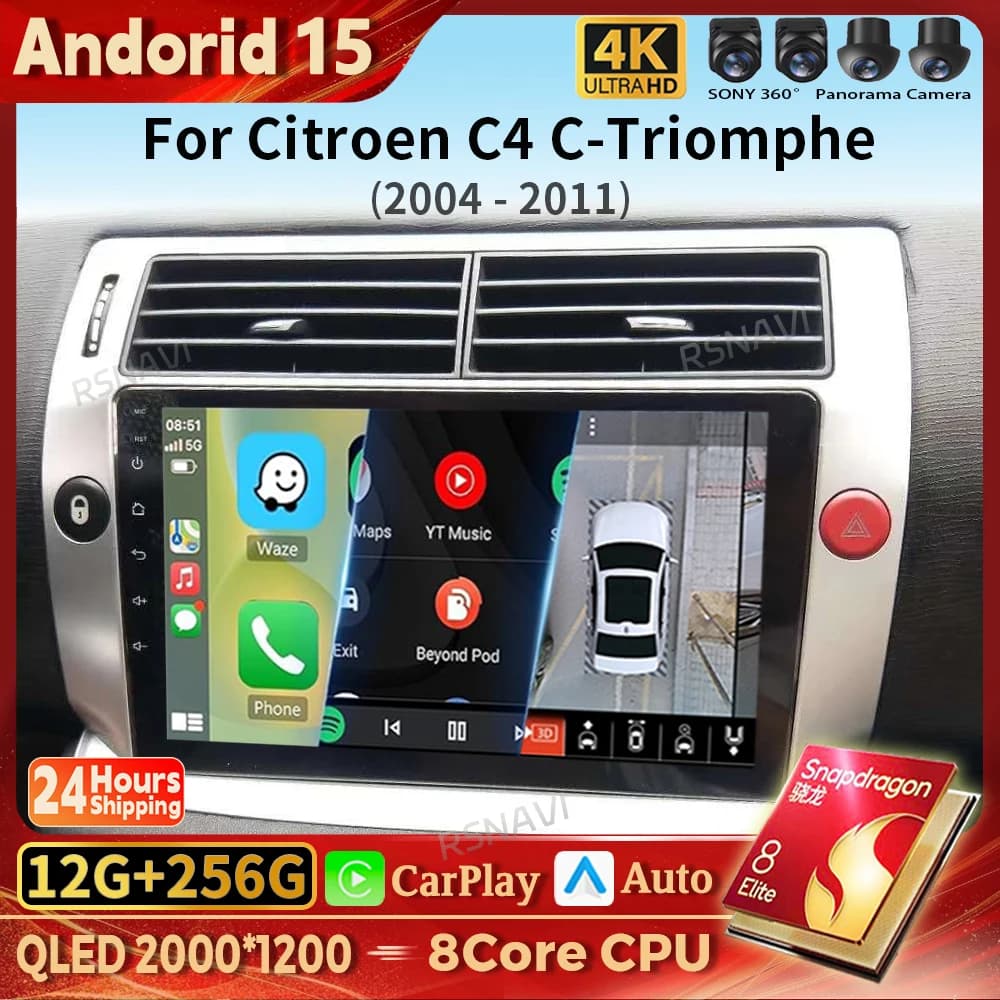 Android 15 Carplay Auto 2K Schermo Autoradio BT Lettore Multimediale Per Citroen C4 C-Triomphe C-Quatre 2004 - 2011 BT DSP Qualcomm