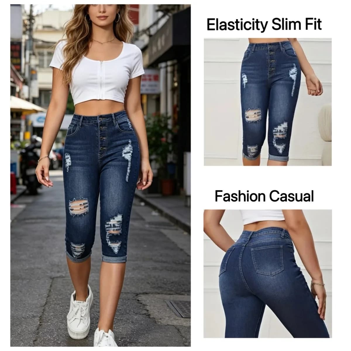 Shorts in denim elasticizzati da donna, stile vintage europeo e americano, con strappi, modello Xshape, lunghezza al polpaccio, hot pants.
