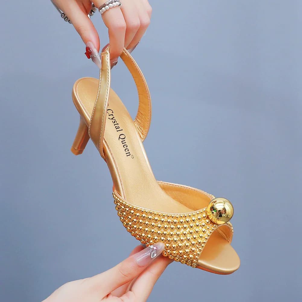 Summer new 6cm fish mouth gold pearl rhinestone ball low-heeled sandals banquet dress large size thin high-heeled women's shoes