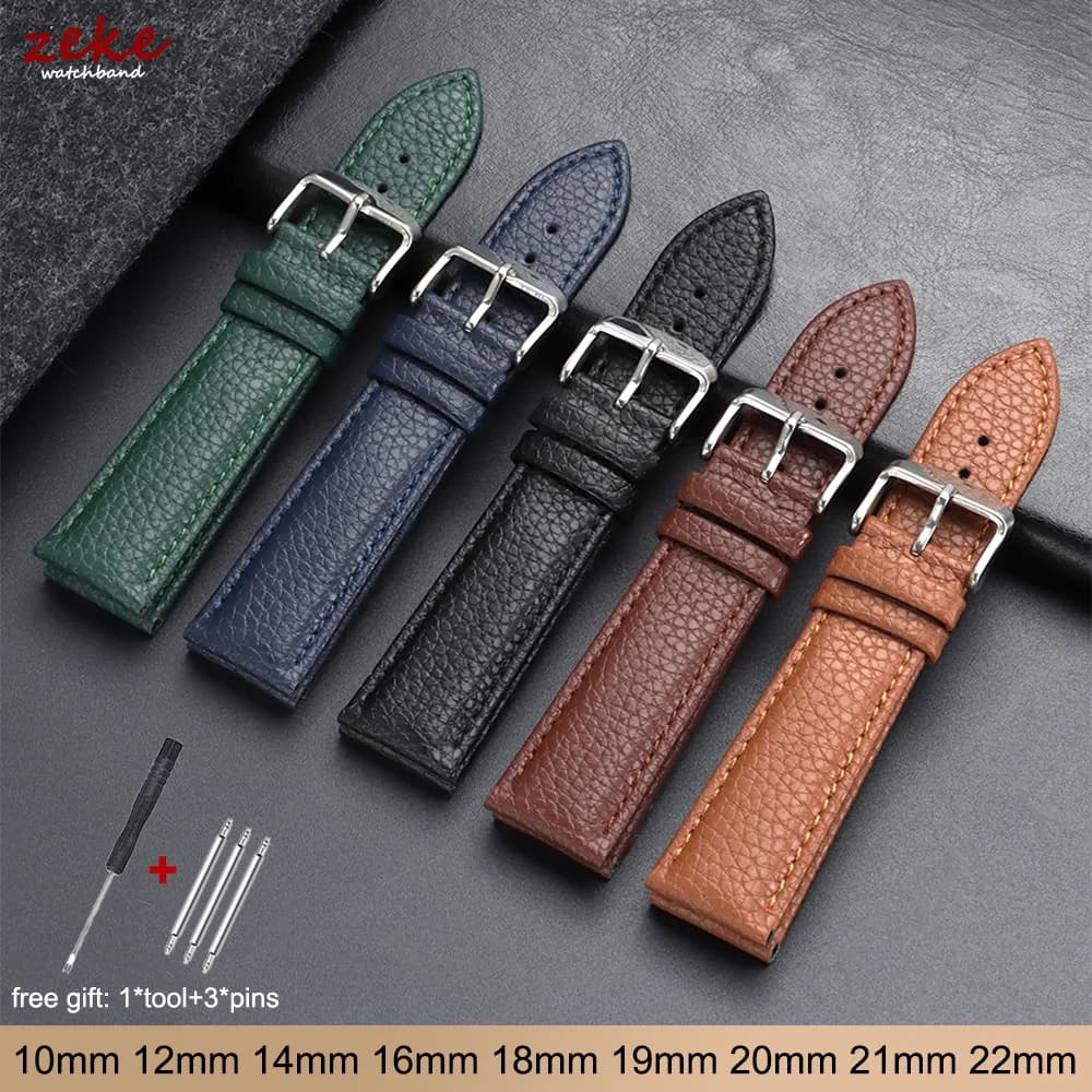 Wristband 10/12/14/16/18/19/20/21/22mm Litchi Pattern Leather Watch Band Strap for Men Women High-quality Watchband with Tools