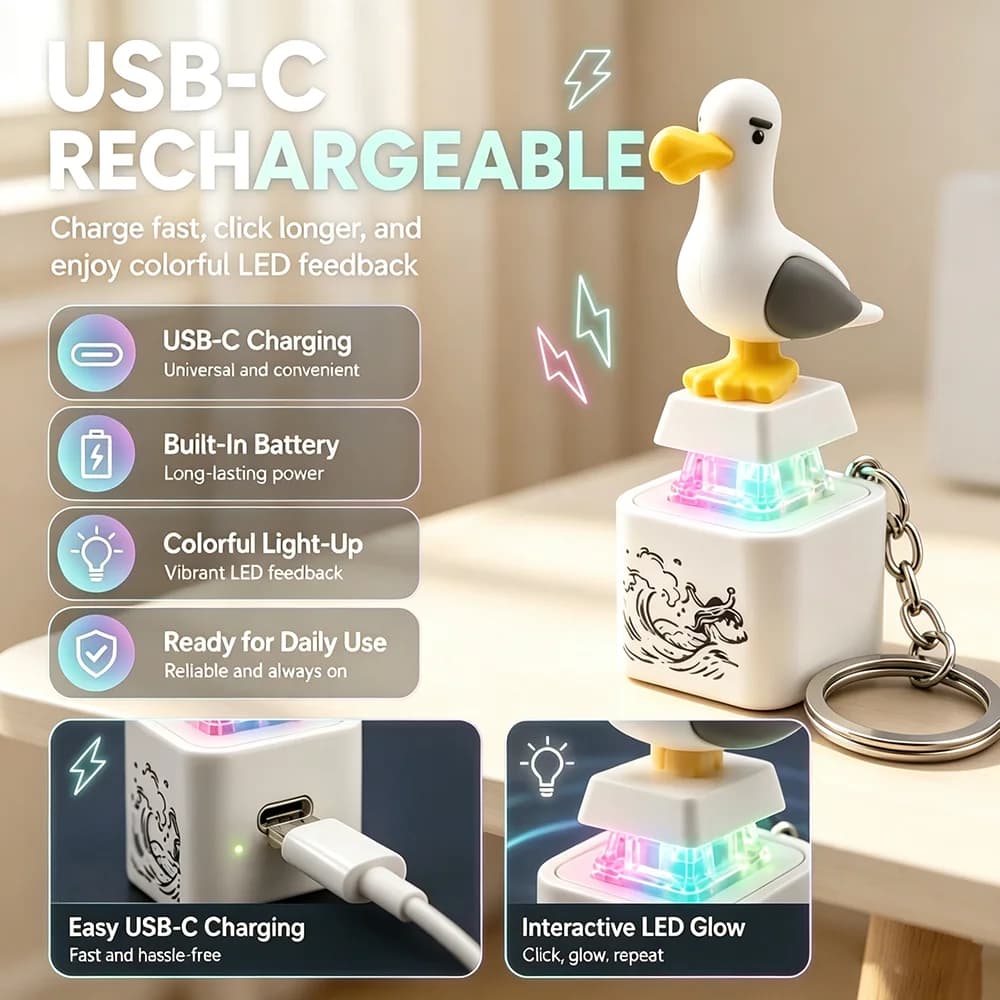 Mine Seagull Duck Keycap Keychain Fidget Toy LED Light Up Sound Stress Relief USB-C Rechargeable Bag Charm Party Gift for Adults