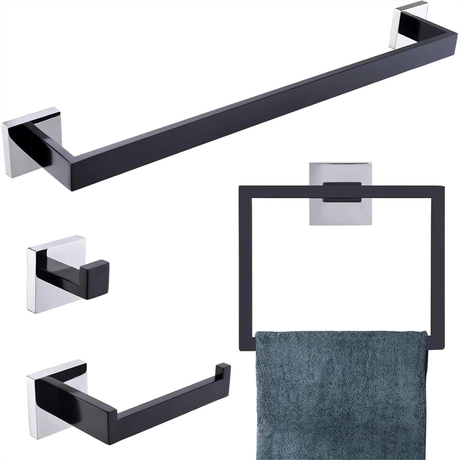 Set di Portasciugamani da Bagno, Nero e Lucido, Kit di Accessori in Acciaio Inox a 4 Pezzi, Montaggio a Parete, 23,6 Pollici