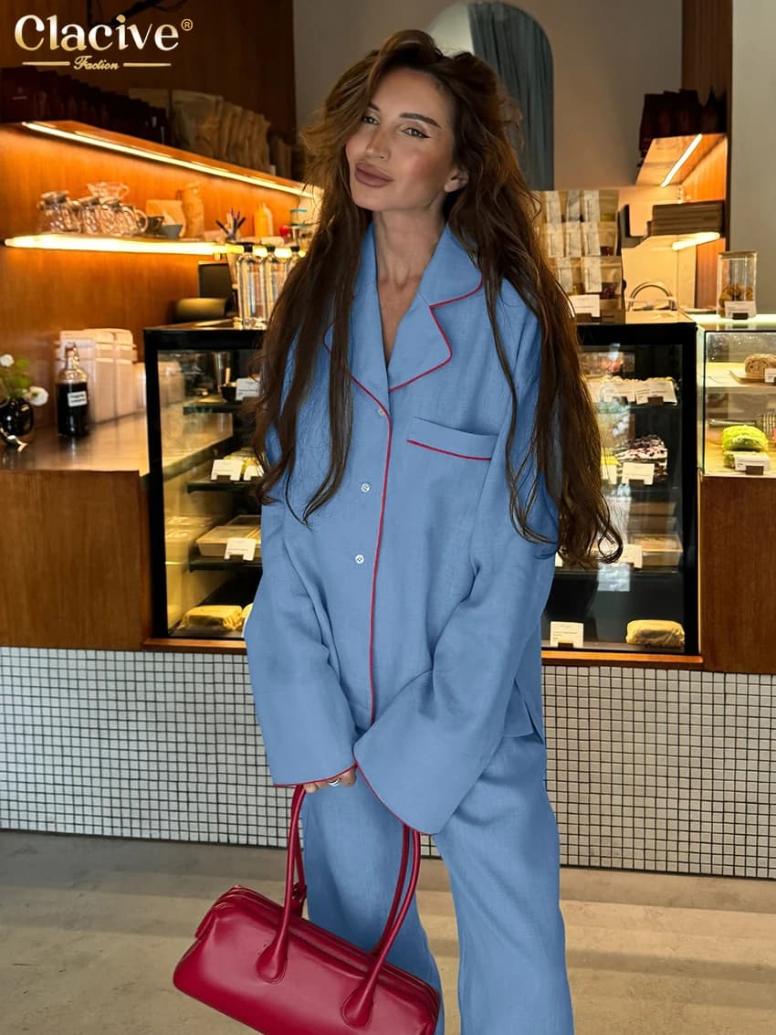 Clacive Fashion Women's Two Piece Set in loose blue cotton 2025 Elegant long sleeve shirt with high waist wide pants Women's Set