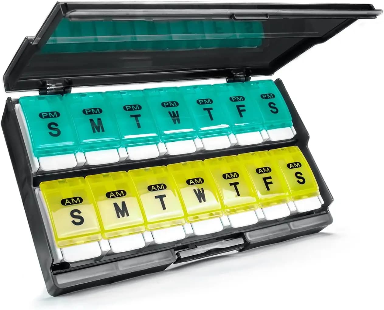 Organizzatore Settimanale Extra Large per Pillole, 2 Volte al Giorno, Portapillole a 7 Scomparti con Pulsante, per Pillole, Vitamine, Integratori, Ciano e Giallo