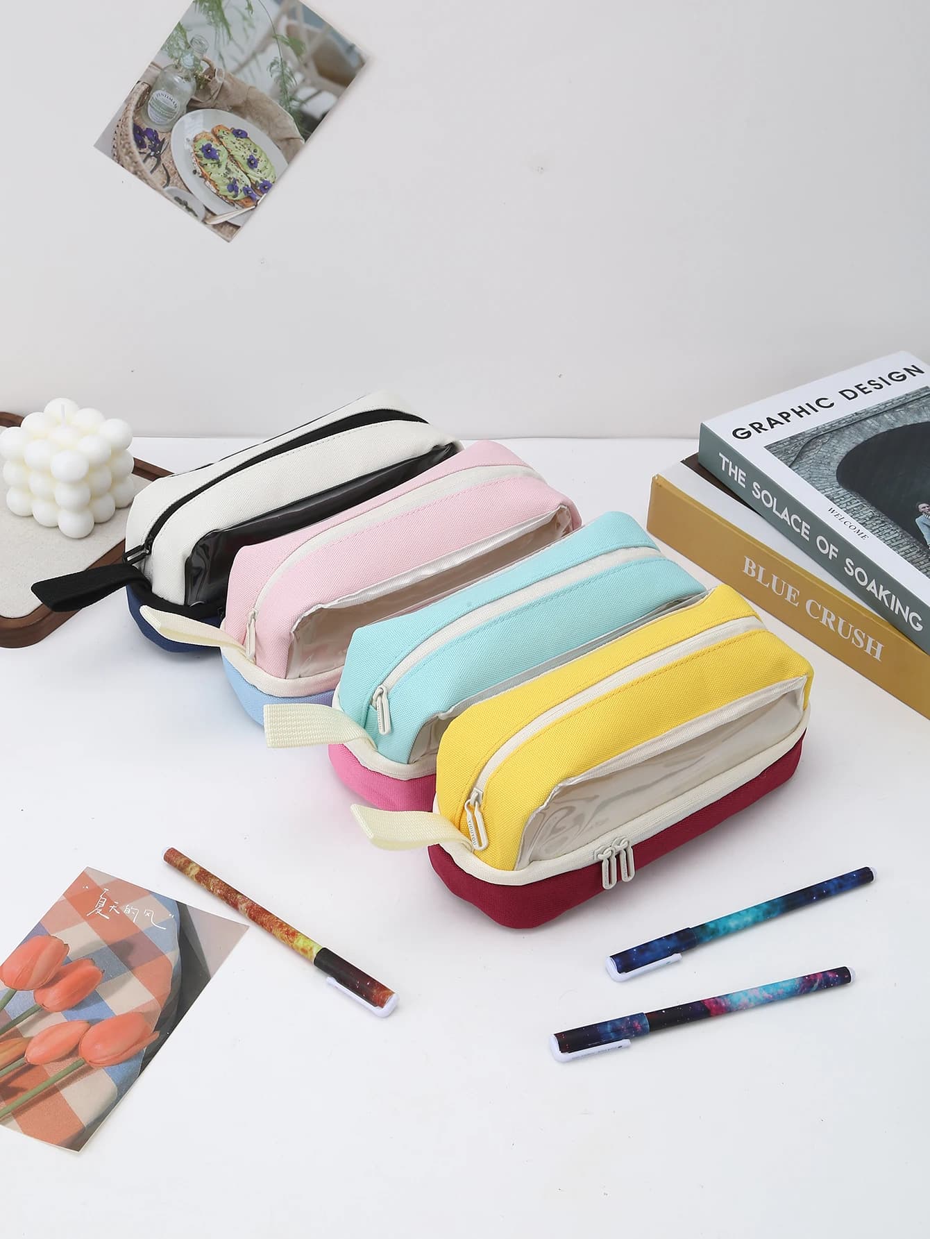 Transparent Window Large Capacity Double Zipper Pencil Case Color Block Stationery Organizer For Students Back To School