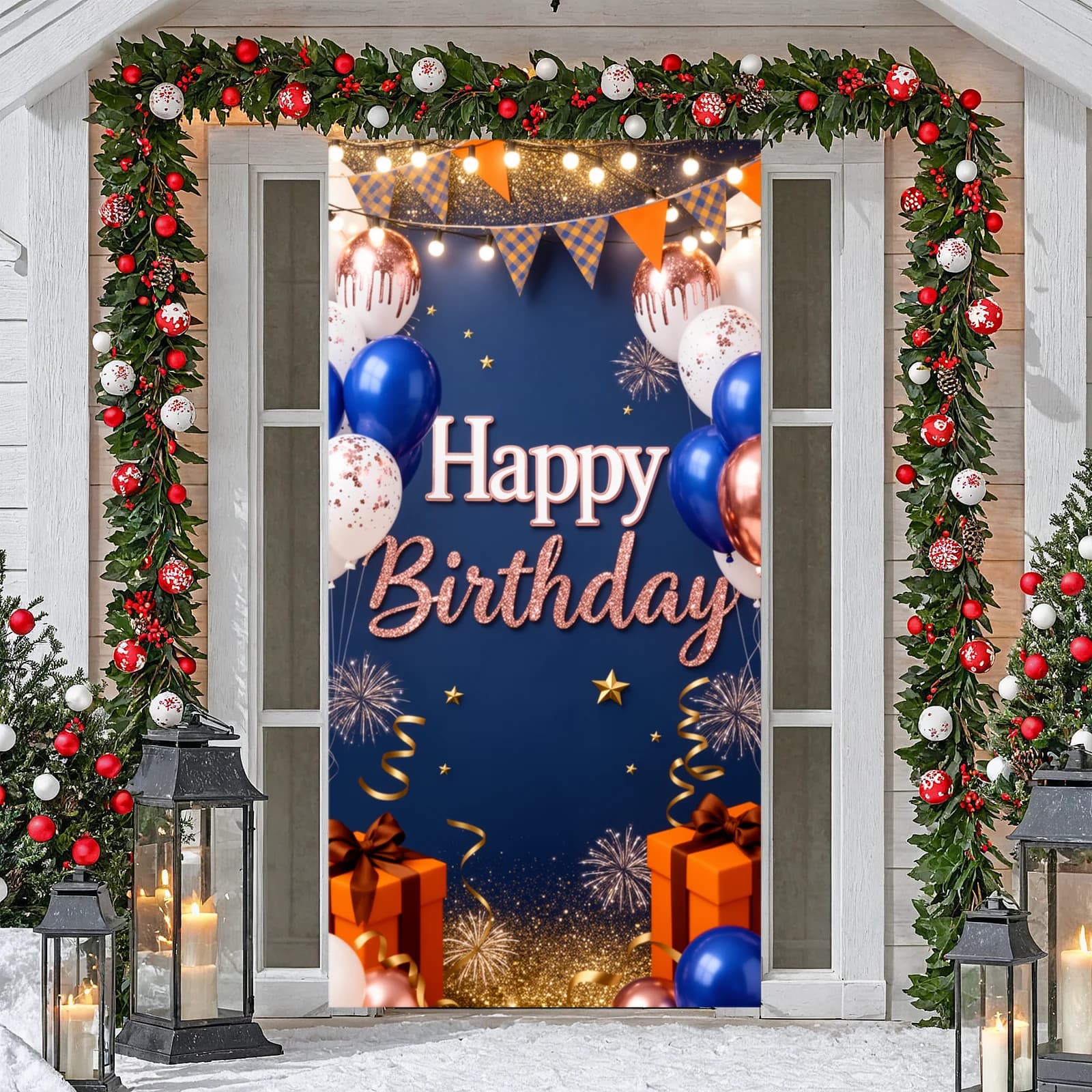 Sfondo per feste di compleanno con motivo a fuochi d'artificio, decorazione con luci a stringa, striscione per feste al coperto