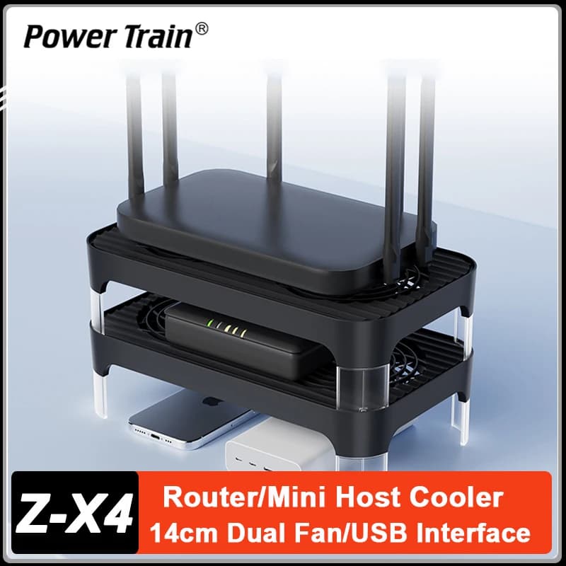 Power Train Z-X4 Ventola per router alimentata tramite USB 14CM Doppia ventola per router Base di raffreddamento Staffa host set-top per gatti ottici
