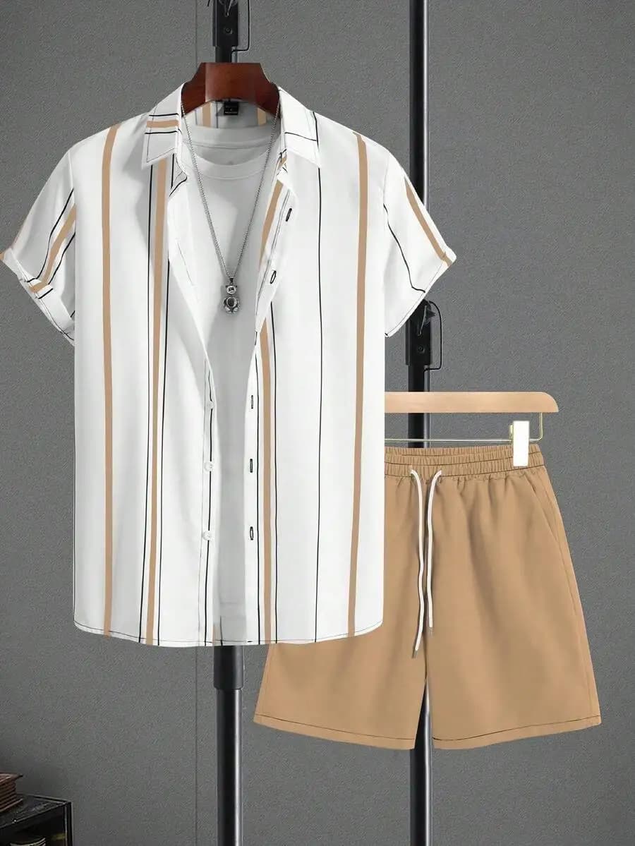 Manfinity Homme 2pcs/Set Men Striped Short Sleeve Single-Breasted Shirt & Shorts Sets For Men Summer, Cozy Outfits