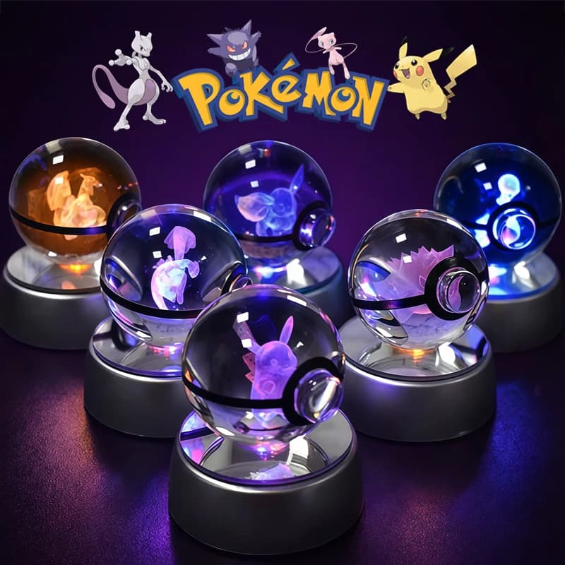 Pokemon Crystal Ball 3D Pikachu Gengar Mewtwo Night Light Lamp Pokeball 3D Glass Pokemon Crystal Ball Statue Birthday Gift for Kids