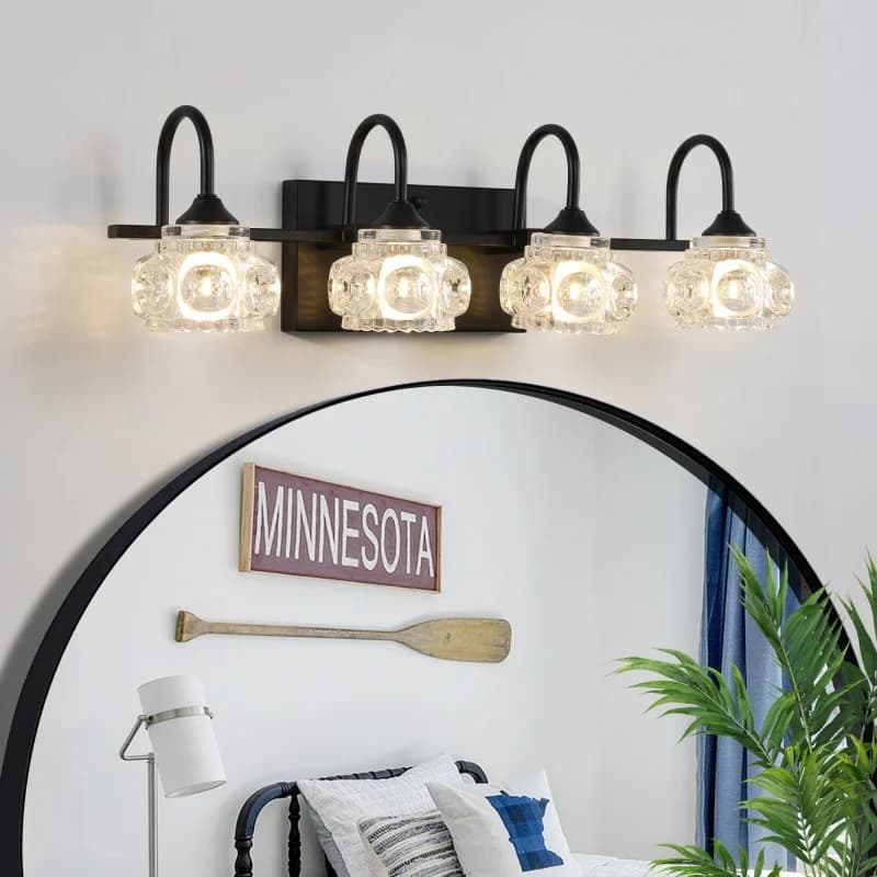 Lampada da Parete Moderna in Cristallo per Bagno, Applique a 4 Luci in Vetro Goffrato, Finitura Nero Opaco/Ottone/Cromo per Specchio e Vanità del Bagno