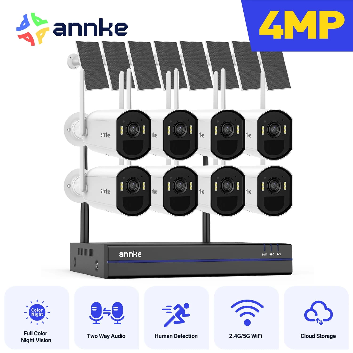 ANNKE 4MP Solar Battery Bullet Camera Kit 16CH WiFi Wireless Security Camera System, AI Human Detection, Two-Way Audio, Full-Color Night Vision, IP65, Wire-Free Security System