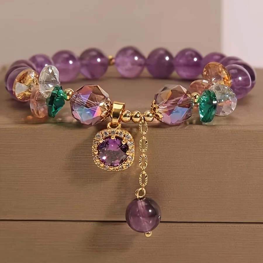 Vintage amethyst bead bracelet with cubic zircon, fashionable women's jewelry - suitable for daily wear and gift giving