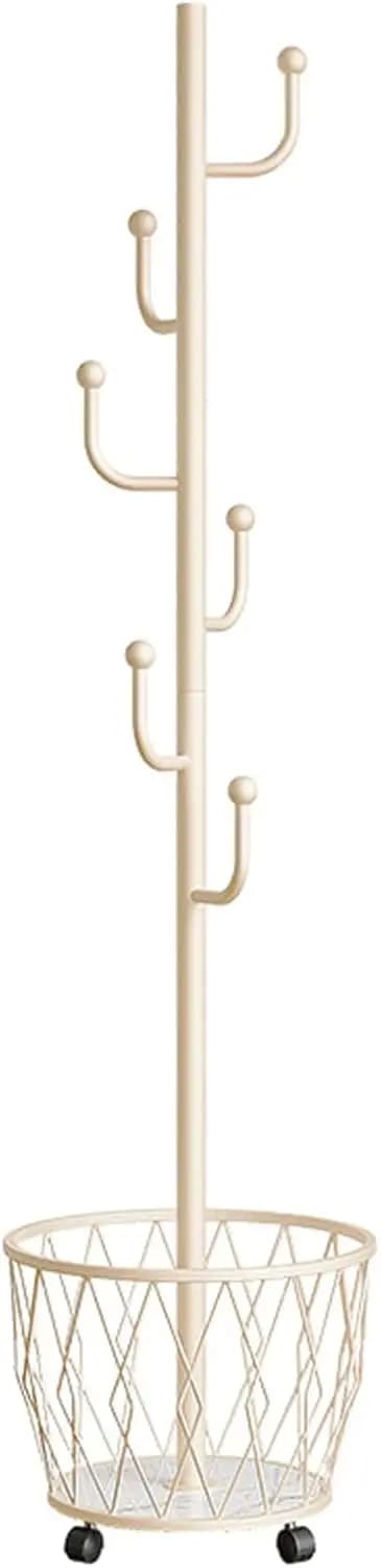 Modern and simple vertical hanger, portable clothes rack with rollers and storage basket, non-metal mobile clothes hangers