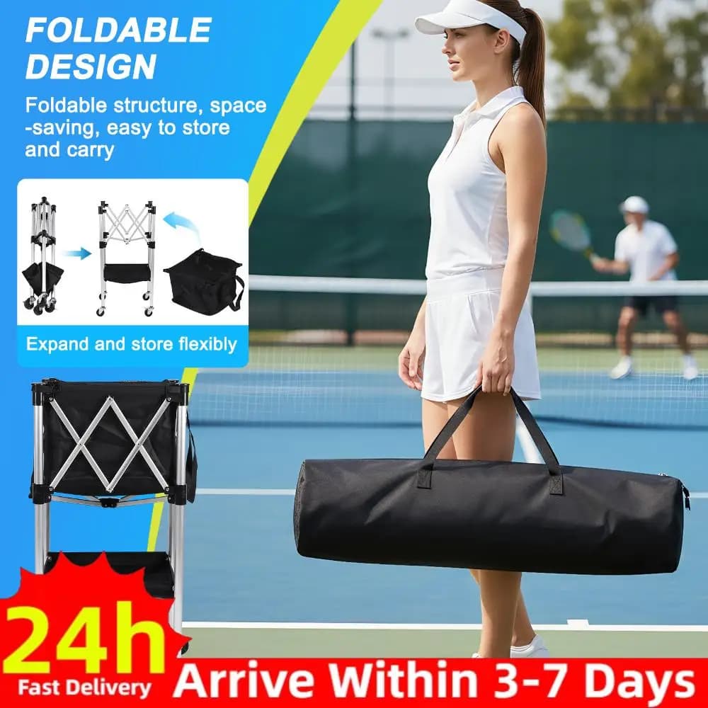 Contenitore Pieghevole per Palline da Tennis e Pickleball con Ruote e Borsa Portaoggetti per Allenamento/Insegnamento