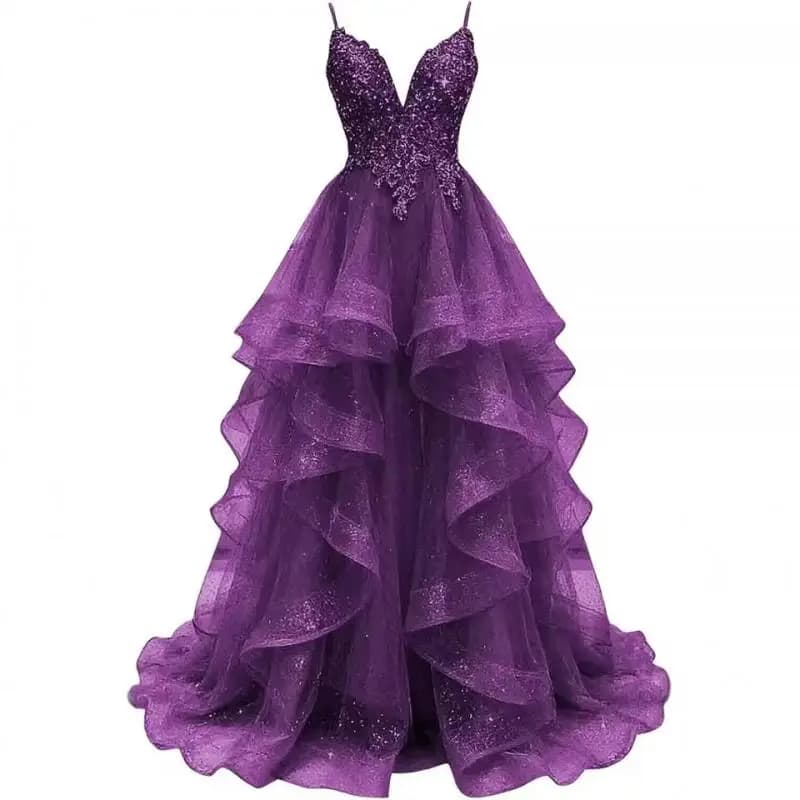 Thin Shoulder Strap Dress Multi-layer Ruffled Starry Sky Mesh Long Dress Adult Ceremony Graduation Evening Dress Customized