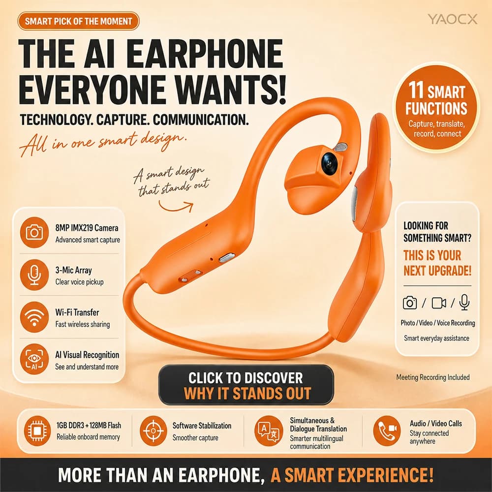 2026 Smart Camera Earphones 8MP IMX219 AI Visual Recognition Open Ear Bluetooth Headphones Meeting Recording WiFi Transfer 8GB