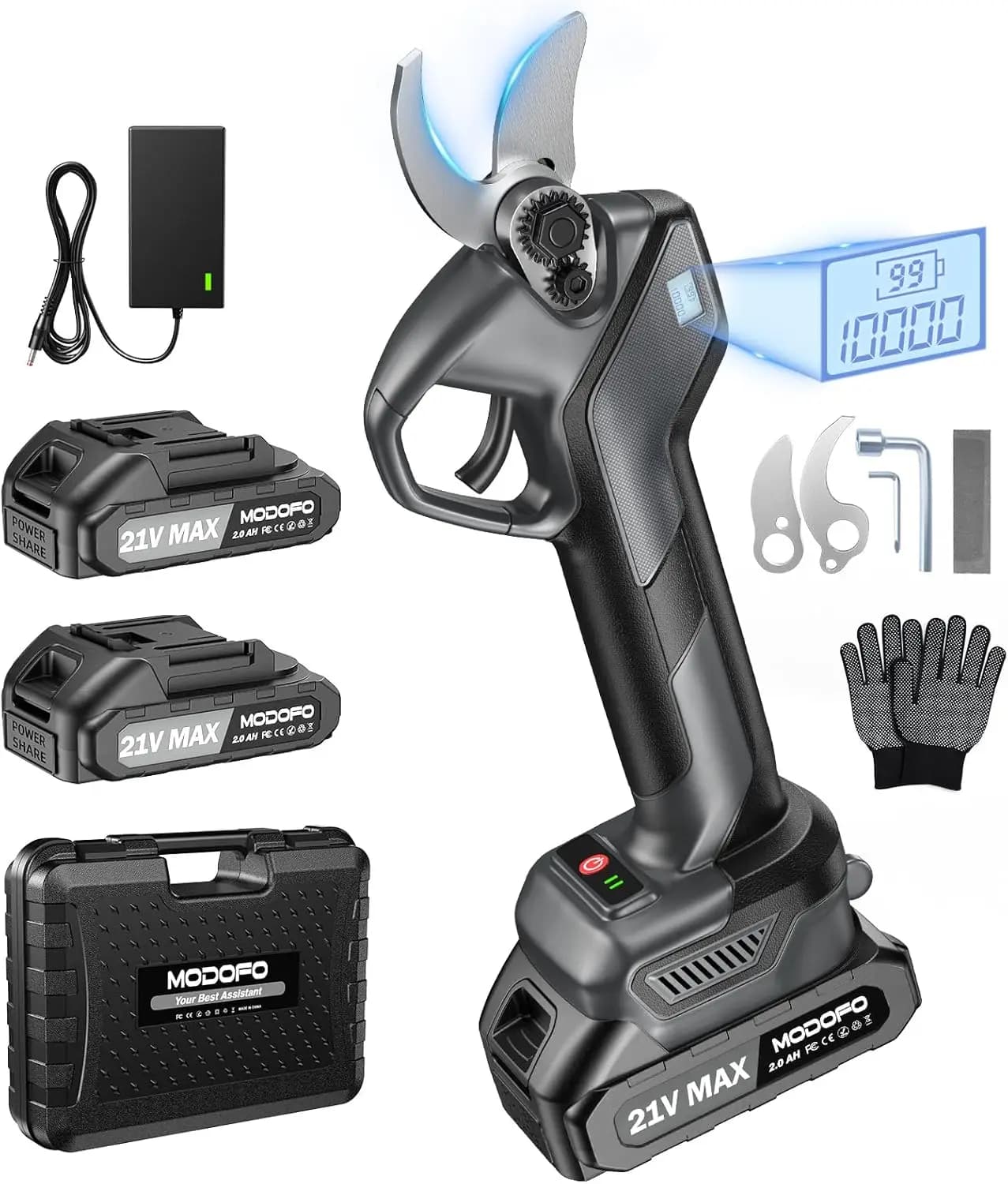 Forbici Elettriche Senza Fili per Potatura con Display LCD, Motore Brushless, Diametro di Taglio 2 Pollici, 2 Batterie Ricaricabili, Lama Extra per Giardino