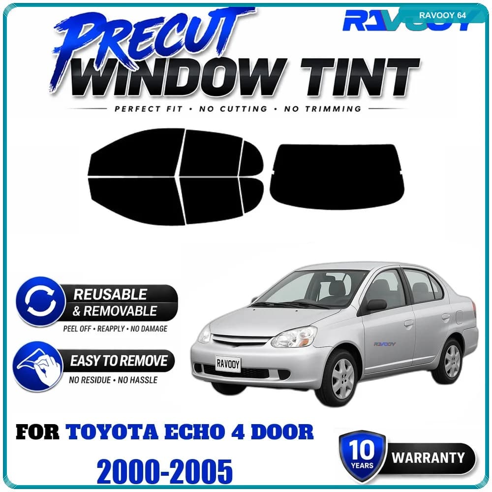 RAVOOY Precut Window Tint, Reusable Removable EPU Film, Custom Fit for Toyota Echo 4 Door 2000-2005, UV Heat Protection
