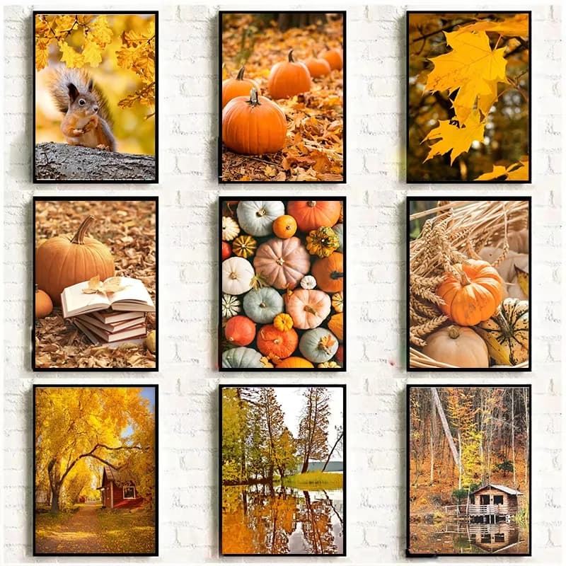5D DIY Diamond Painting Kit Autumn Fall Leaves Pumpkin Harvest Scene Full Drill Rhinestone Mosaic Home Wall Decor Gift
