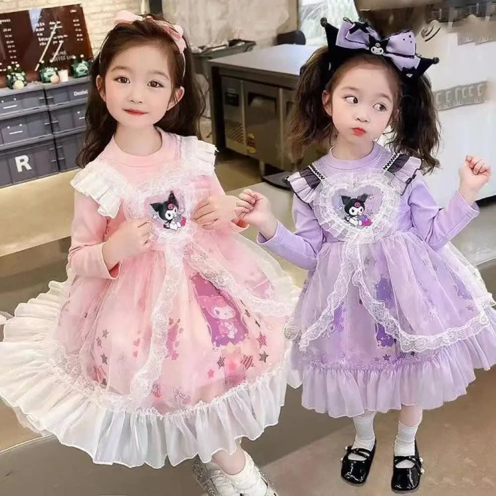Sanrio Kuromi Girls Dress Primavera Autunno T-shirt a maniche lunghe Kawaii Lolita Gioco di ruolo Abito da principessa Felpa con cappuccio Abbigliamento per bambini