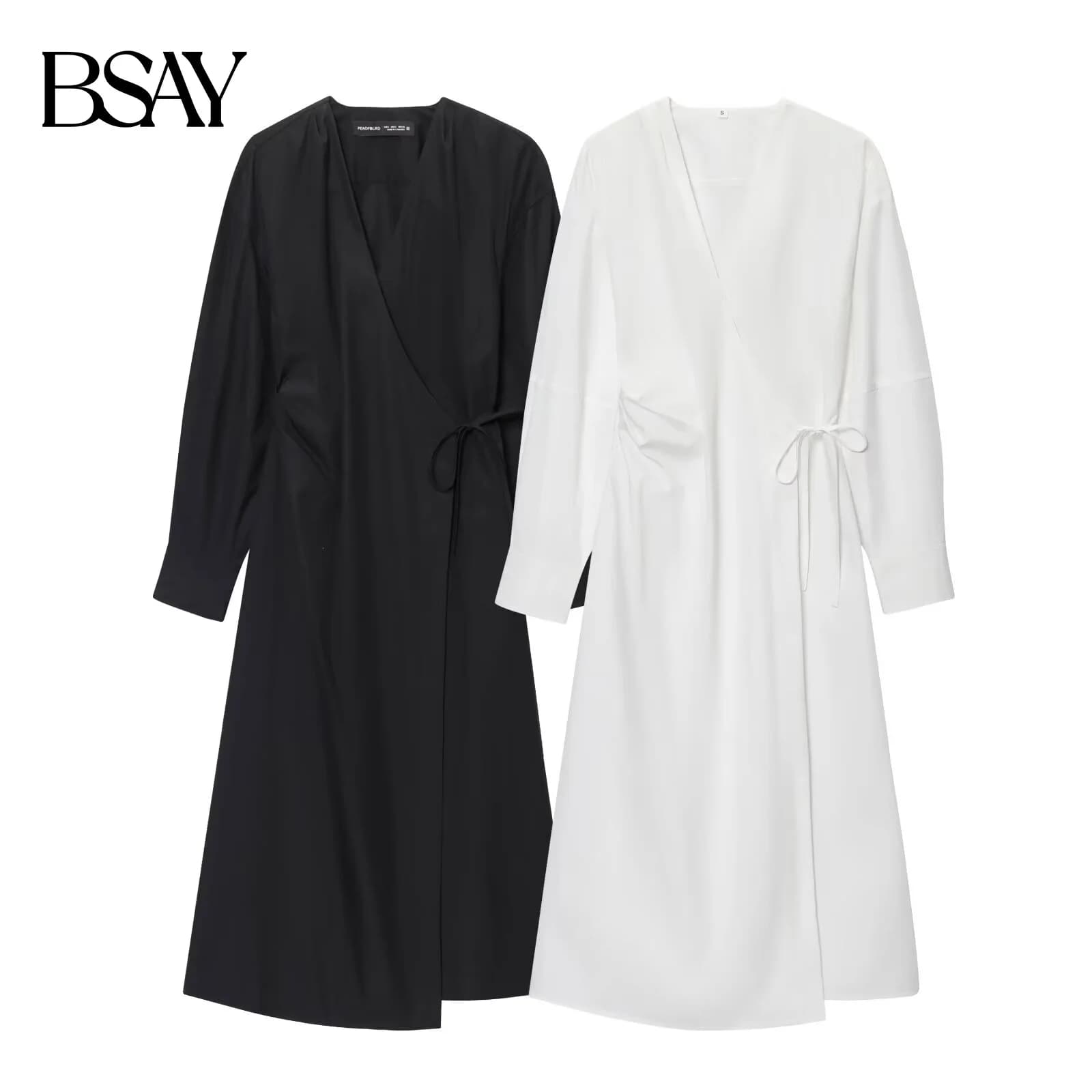 BSAY abiti casual a camicia grande estate nuove donne Maniche lunghe Piega in vita bianca Scollo a V avvolto stile veste chic Serata francese