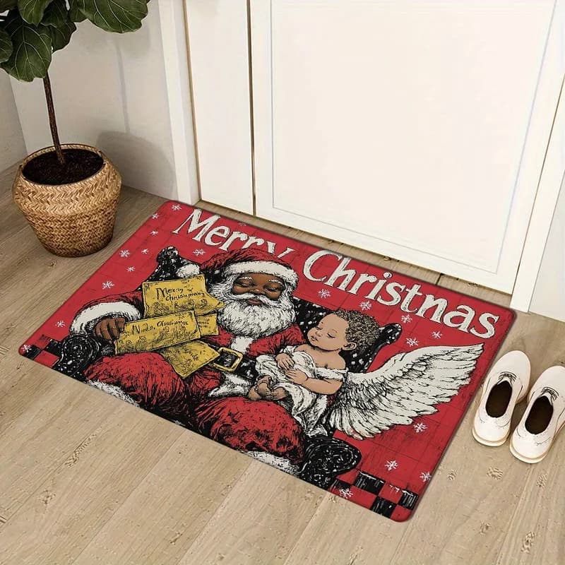 1 tappetino natalizio con Babbo Natale e piccolo angelo: tappetino anti-fatica, lavabile in lavatrice, antiscivolo e resistente allo sbiadimento per ingresso, cucina