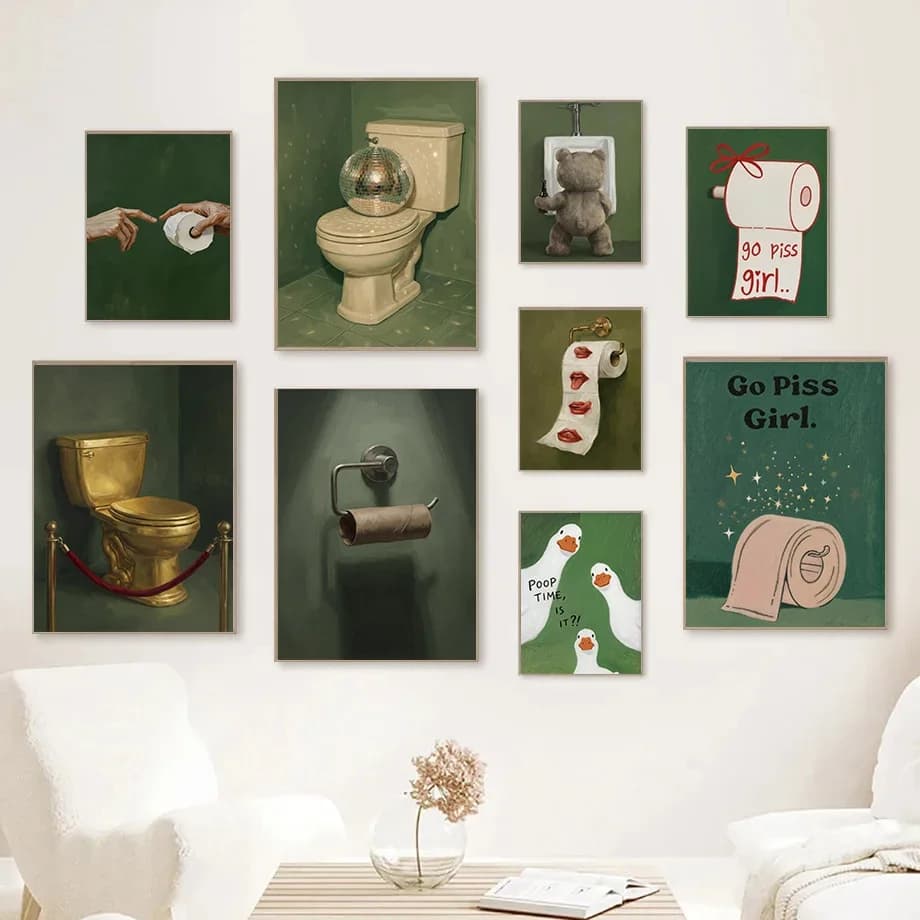 (No frame)1pcsHumorous Luxe Bathroom Poster Empty Toilet Paper Red Lips Funny Teddy Bear Prints Canvas Painting Wall Pictures