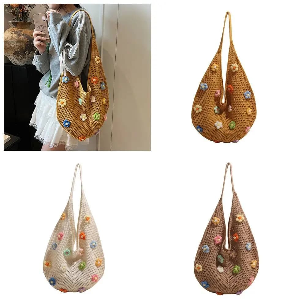 Hollow Out Flower Thread Woven Bag Beach Handbag Tote Bag Beach Bag Large Capacity Bohemian Style Hollow Shoulder Bag Holiday