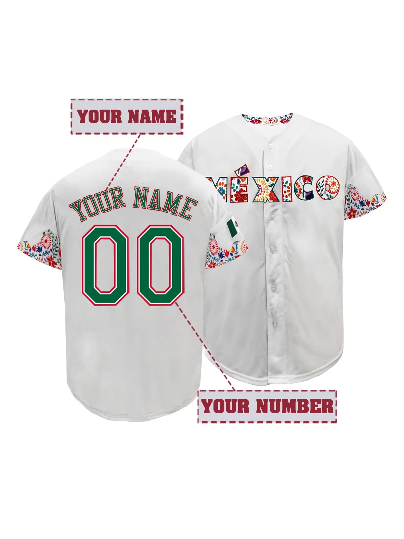 Maglia da Baseball Personalizzata con Ricamo Floreale MEXICO Nome e Numero Personalizzati Bordo Bianco e Verde Traspirante Manica Corta