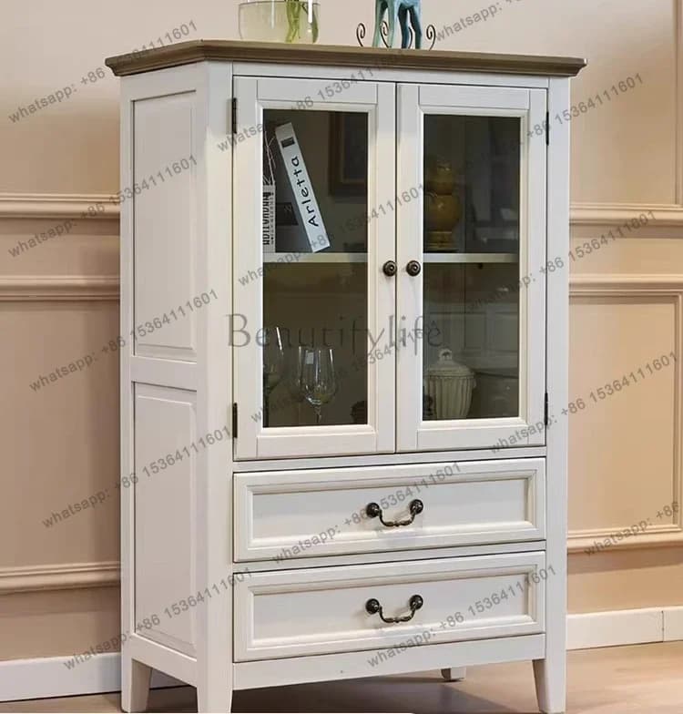 Mobile Porta Vini in Legno Massello Stile Americano con Vetrina, Divisorio per Soggiorno in Stile Mediterraneo