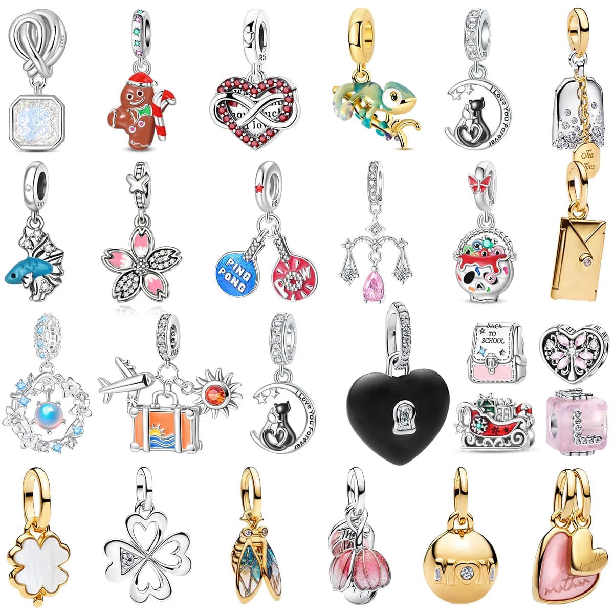 Ciondoli in Argento S925 Placcato con Gemme Intarsiate per Portachiavi, Braccialetti Fai da Te, Gioielli Regalo: Viaggio, Infinito, Cuore, Gatto Camaleonte, Fiore di Ciliegio