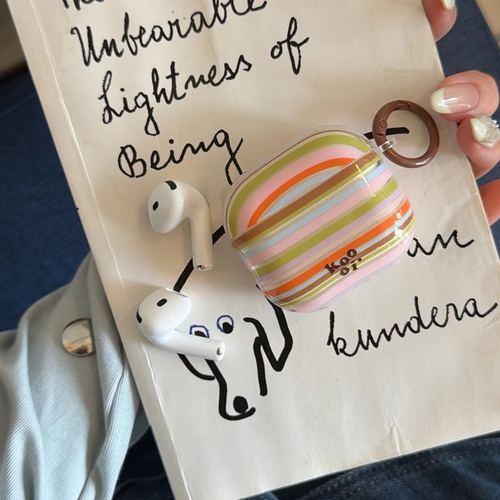 Colorful Patchwork Stripes with Wood Horse Pendant Shockproof Protective Earphone Cover Case for AirPods 1 or 2 3 4 Pro 2 Pro 3