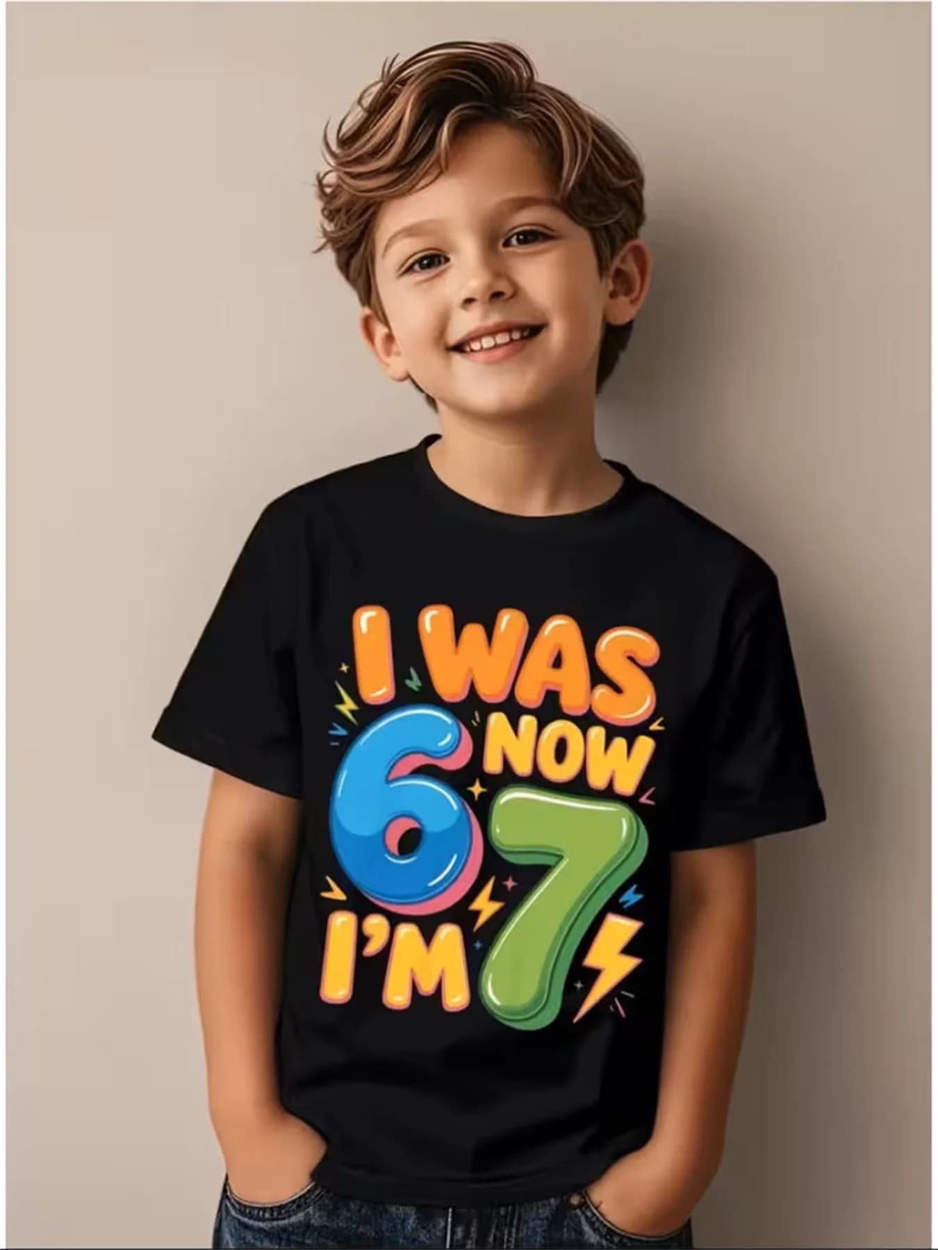 Boys' 7th Birthday T-Shirt Number 67 & Lightning Bolt Design Round Neck Short Sleeve Party Outfit for 7 Years Old Summer Kid Tee