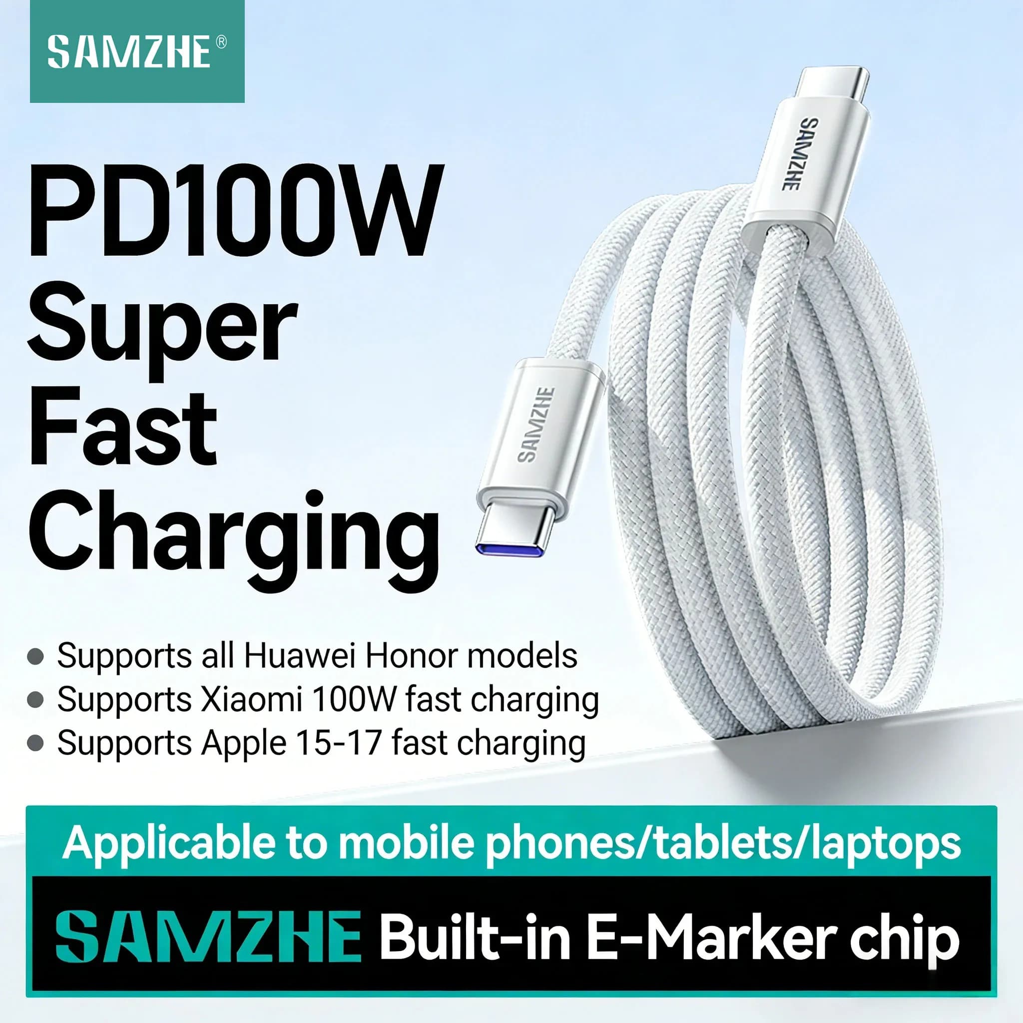 Cavo USB C SAMZHE PD100W per Ricarica Rapida, Compatibile con iPhone 17 16 15, Cavo Dati Type C a Type C per Samsung Xiaomi MacBook
