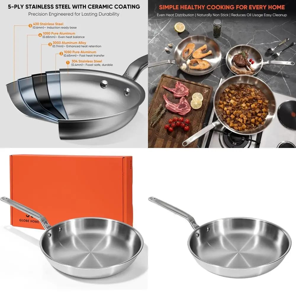 12 5 layer stainless steel pans with aluminium core - Induction and oven safe, uniform heat, suitable for dishwasher