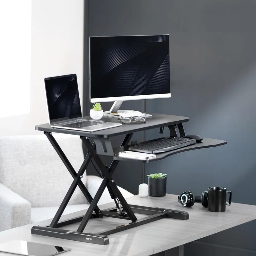 32 inch desk converter, K series, height-adjustable support for sitting and standing position, double monitor and laptop work station with large keyboard