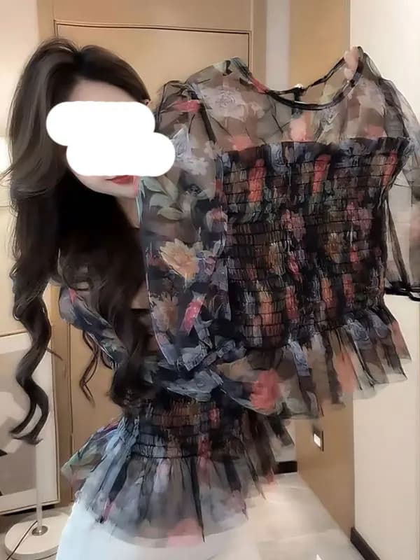Summer 2026 Floral Print Slim Fit Short Sleeve Women's Blouse round Neck Elastic Waist Design Versatile Casual Polyester Fiber