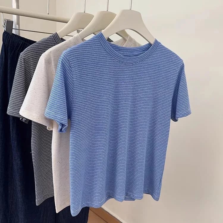 plus Size Women's Striped Color Block Short Sleeve T-Shirt Loose Fit Summer Top Conceals Belly Half Sleeve round Neck Tee
