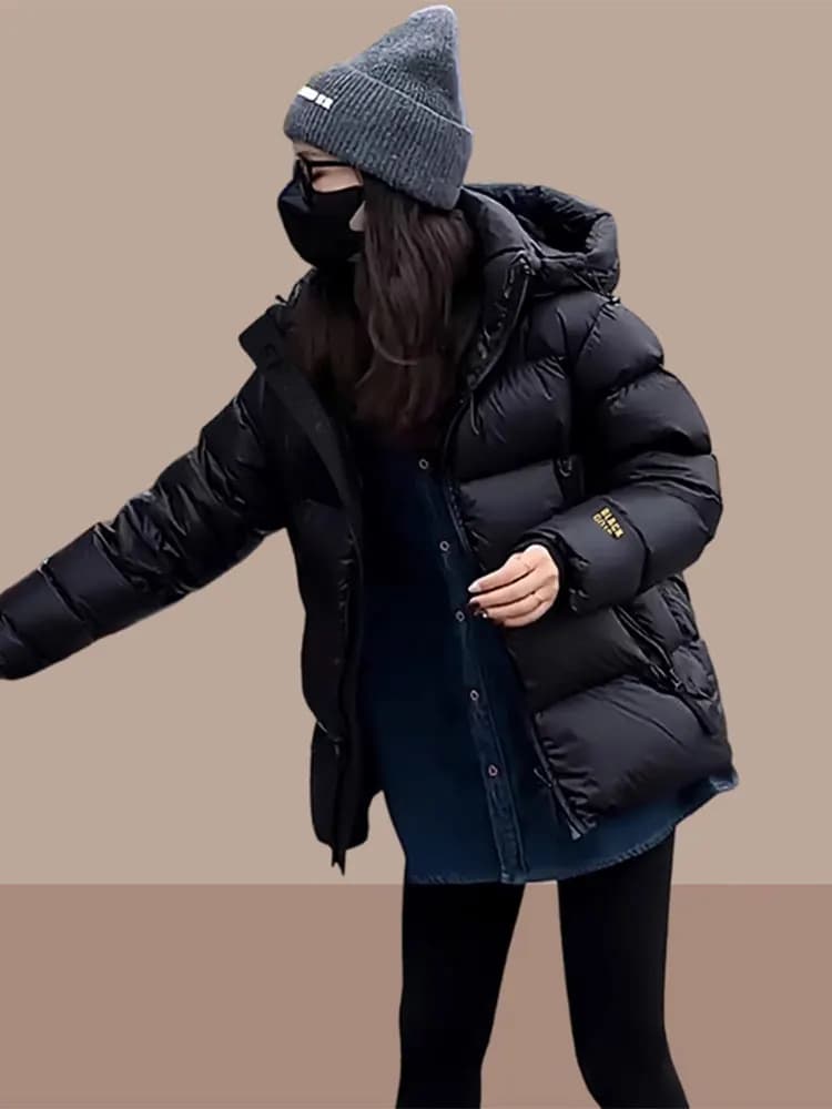 Black Thickened Bread Coat Women's Fashionable Hooded down Cotton Jacket Winter New Style Simple Korean Version Straight Cut
