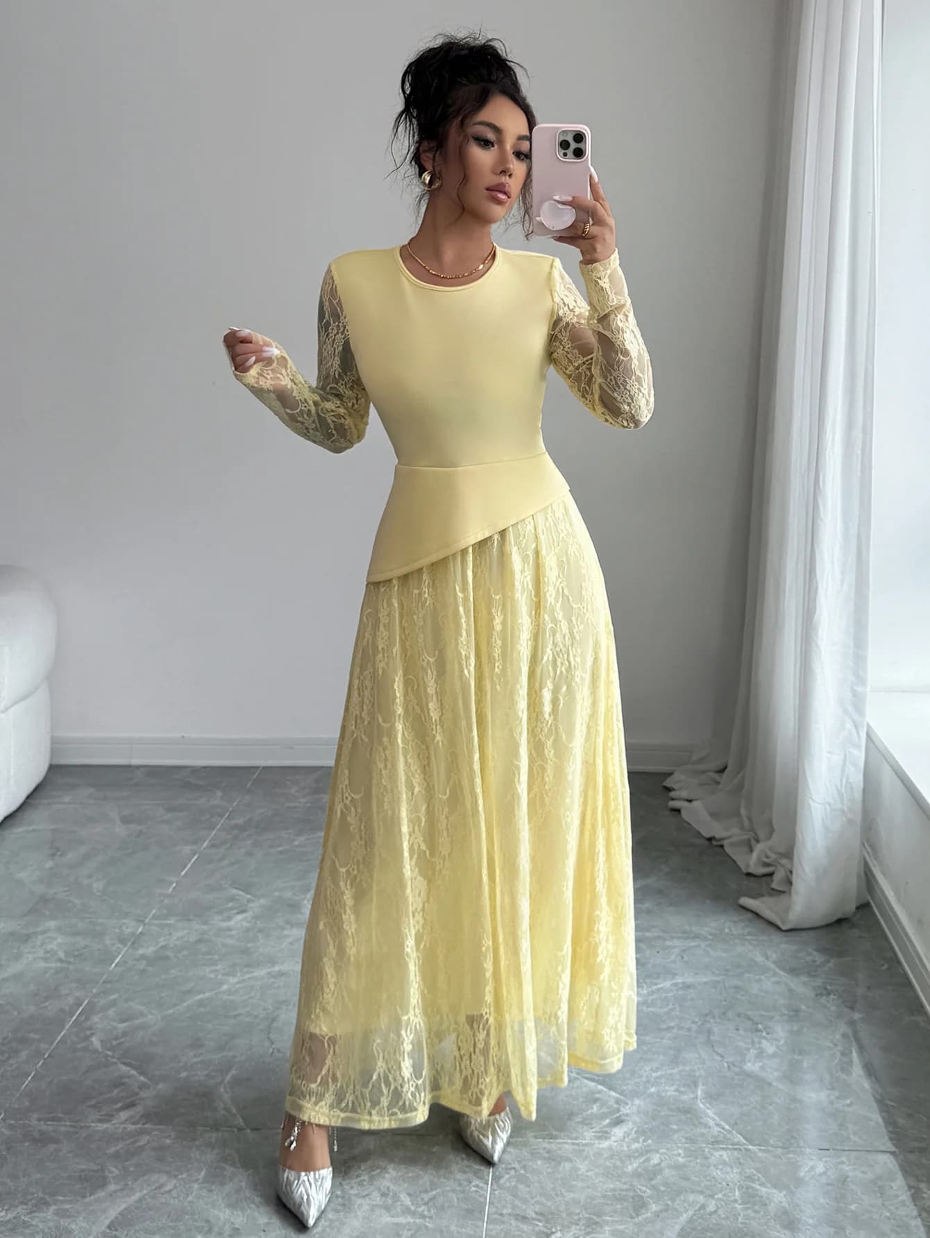 Abito da donna giallo in pizzo a maniche lunghe, maxi abito con scollo rotondo, gonna fluida con vita incrociata, per serate formali, feste, matrimoni o invitati.