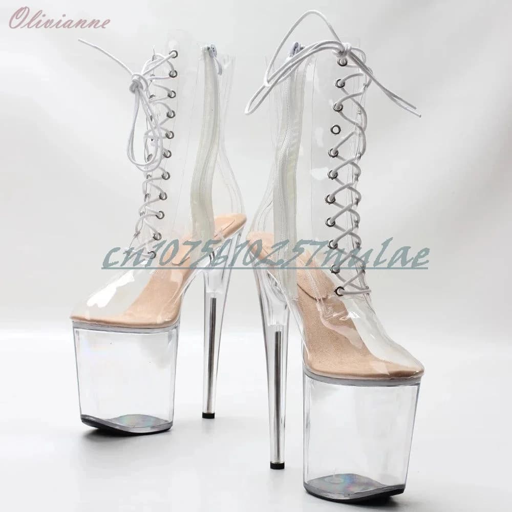 Clear PVC Front Lace-up Platform Short Boots Hot Girls Side Zipper Thin High Heel Fashion Women Shoes 2026 Women Dance Shoes