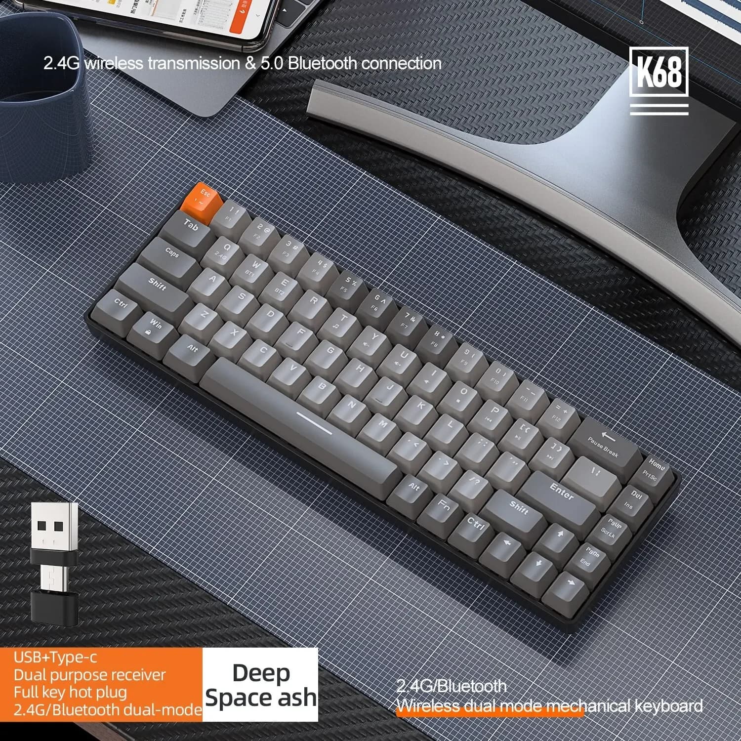 Tastiera Meccanica Wireless K68 Deep Space Ash, Dual Mode 2.4G Hot Plug con Tasti Completi, Tastiera da Gaming Portatile per Ufficio e Gaming