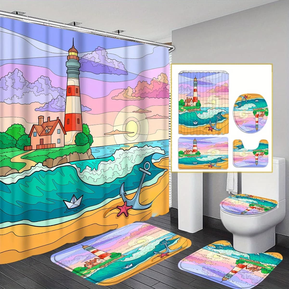 Set da bagno Coastal Lighthouse con tenda da doccia e tappeti: lavabile in lavatrice, include 12 ganci, copriwater e vasca