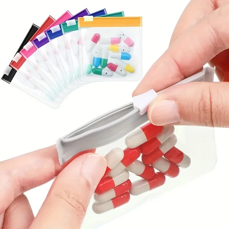 Set di 14/7 Buste Riutilizzabili per Pillole con Cerniera, 7 Colori, Sacchetti Autosigillanti per Medicinali, Buste da Viaggio Semi-Trasparenti per Compresse